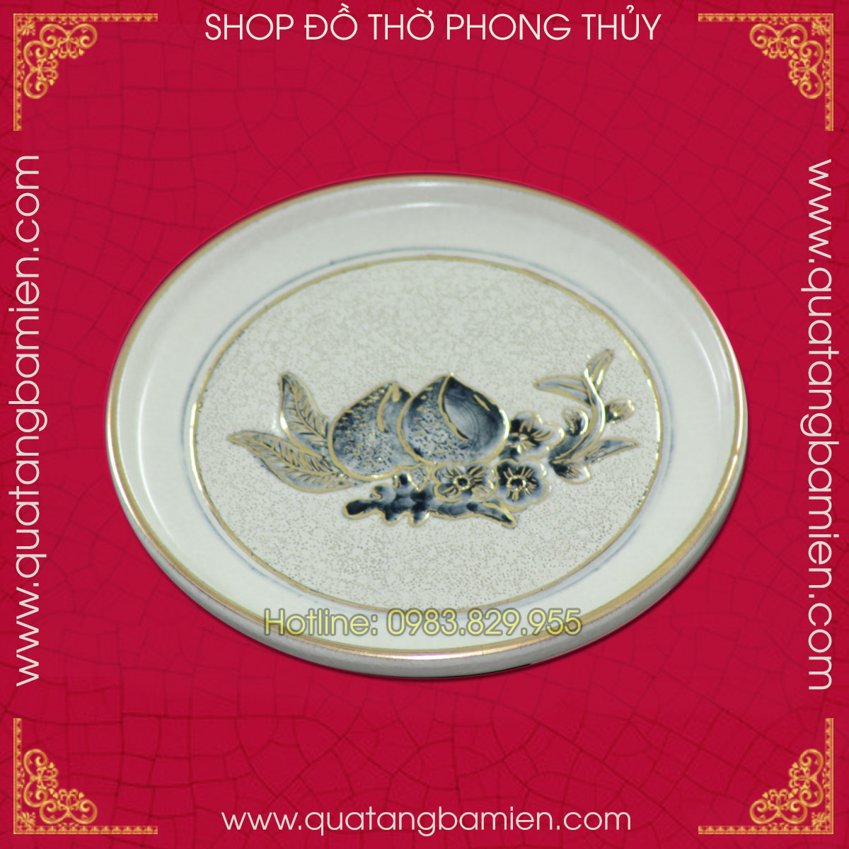 Đĩa trầu quả đào men rạn đắp nổi vẽ vàng - Ø 18 cm